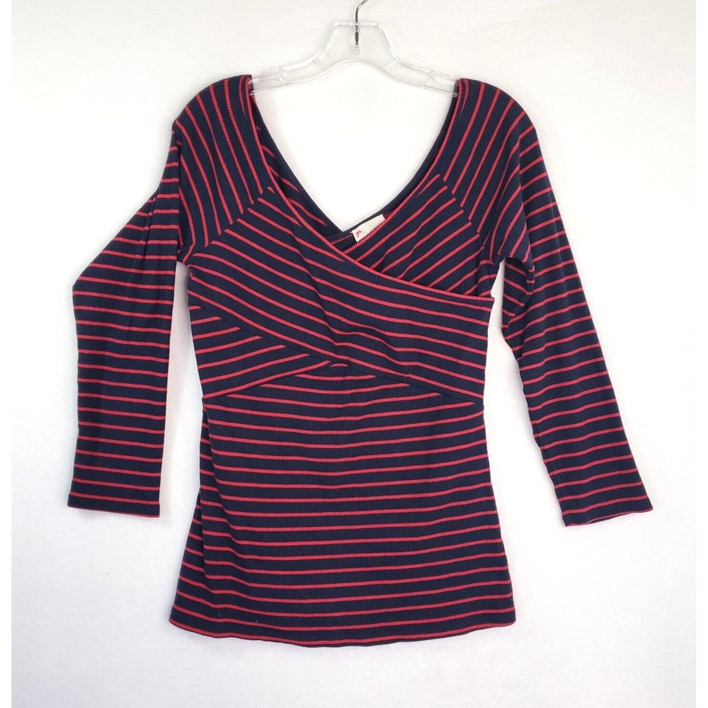 Deletta Striped Top‎ Womens Size M Criss Cross Long Sleeve Ribbed Knit Preppy